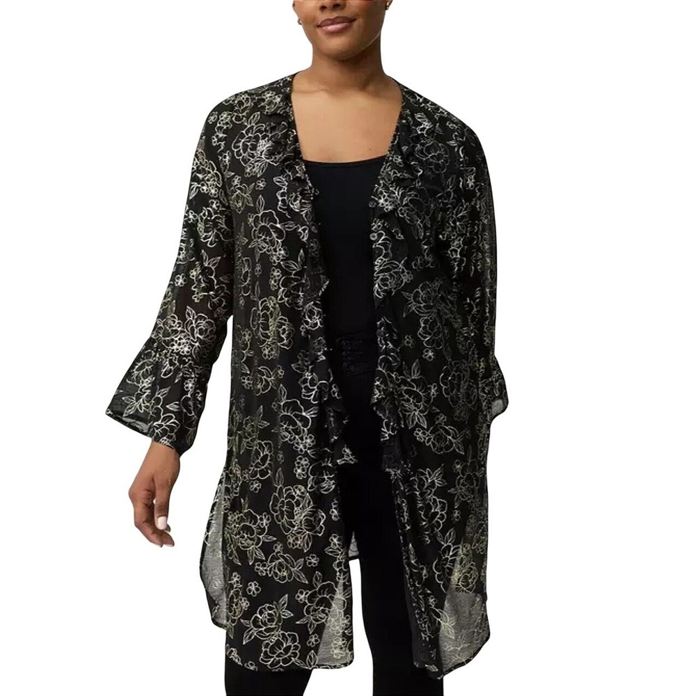 Torrid Black Sheer Ruffle Tunic 4X Gold Foil Embellished Whimsigoth Kimono NWT